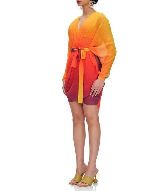 Andrea Iyamah Meli Ombre Chiffon V-Neck Long Sleeve Wrap Dress Product Image
