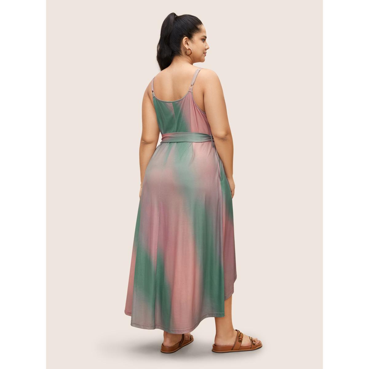Plus Size Tie Dye Belted High Low Hem Dress Aquamarine Women Casual Belted U-neck Sleeveless Curvy BloomChic 22-24/3X Product Image