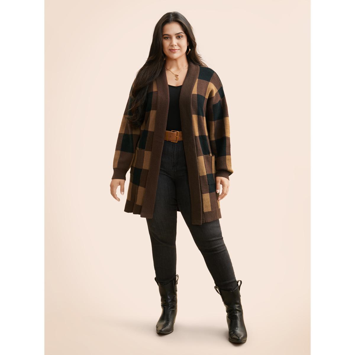 Plus Size Supersoft Essentials Plaid Kimono Collar Cardigan Browncoffeecolor Women Casual Loose Long Sleeve Everyday Cardigans BloomChic 30/6X Product Image