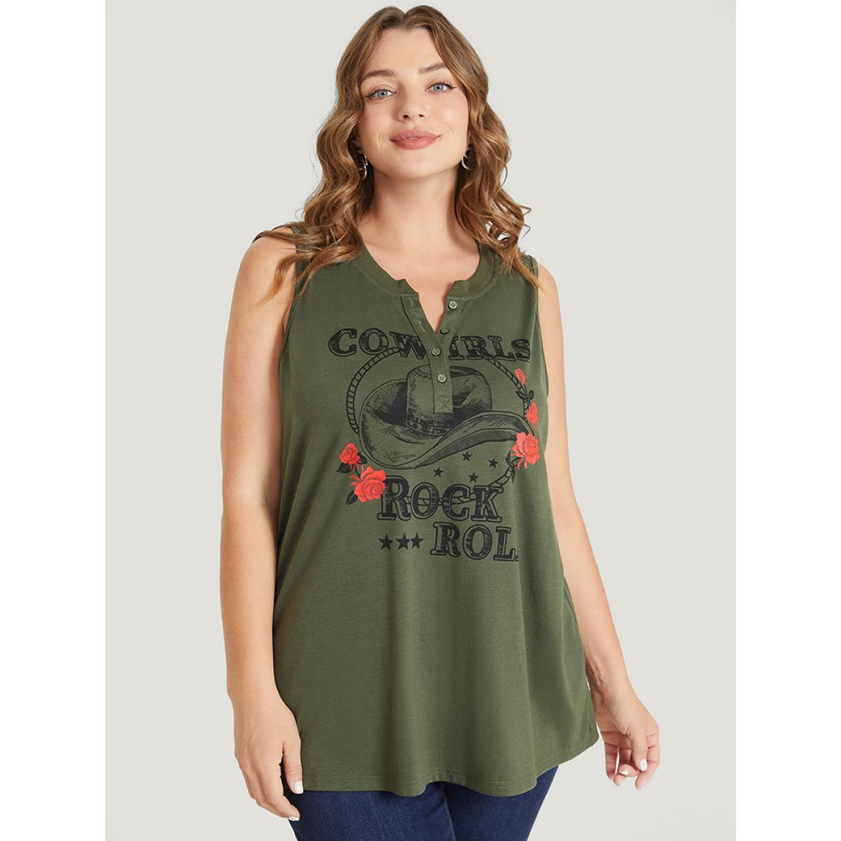 Plus Size Rose & Letter Print Button Up Graphic Tank Top Women ArmyGreen Casual Button Dailywear Tank Tops Camis BloomChic 18-20/2X Product Image
