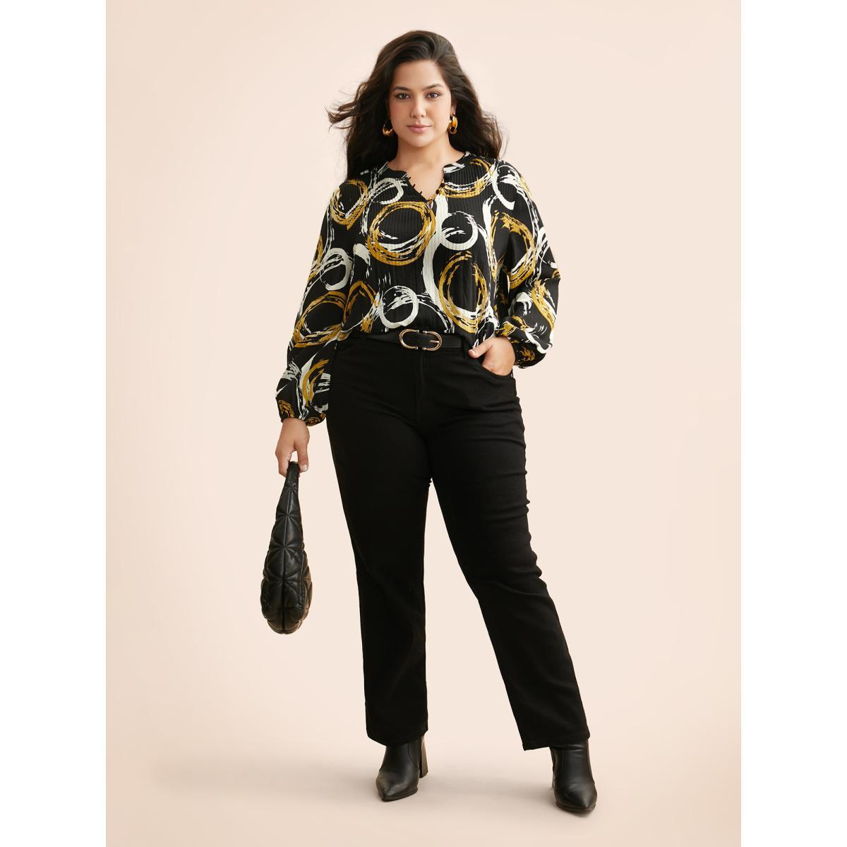 Plus Size BlackFlower Brush Print Pleated Lantern Sleeve Blouse Women At the Office Long Sleeve V-neck Work Blouses BloomChic 18-20/2X Product Image