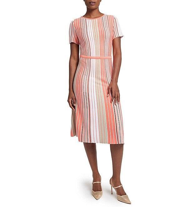 Ming Wang Knit Multi-Stripe Round Neck Short Sleeve Fit-And-Flare Dress Product Image