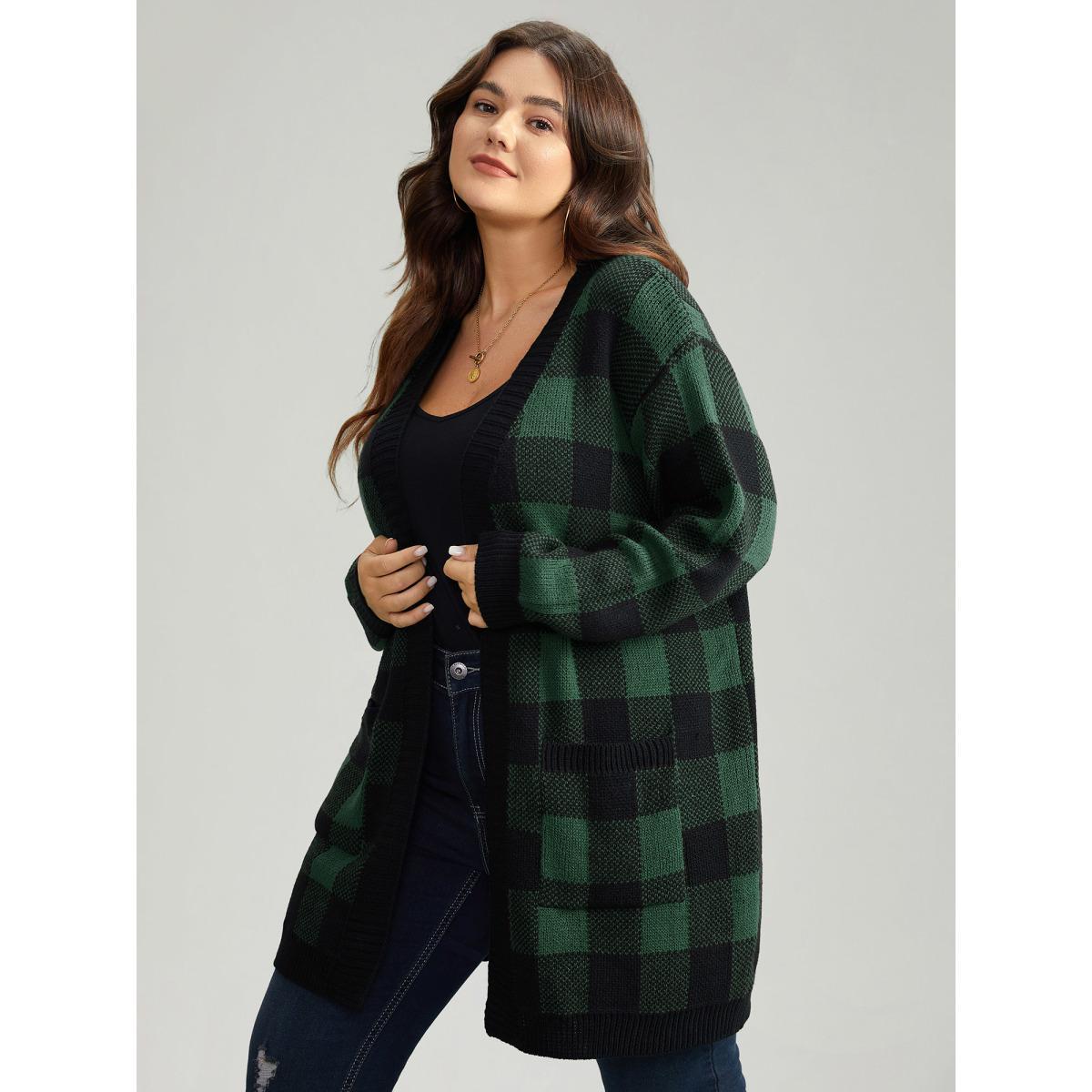 Plus Size Plaid Patched Pocket Loose Cardigan DarkGreen Women Casual Loose Long Sleeve Everyday Cardigans BloomChic 14-16/1X Product Image