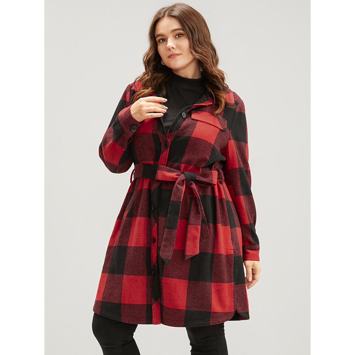 Plus Size Plaid Pocket Button Up Belted Coat Women Red Elegant Cross straps Ladies Dailywear Winter Coats BloomChic 30/6X Product Image