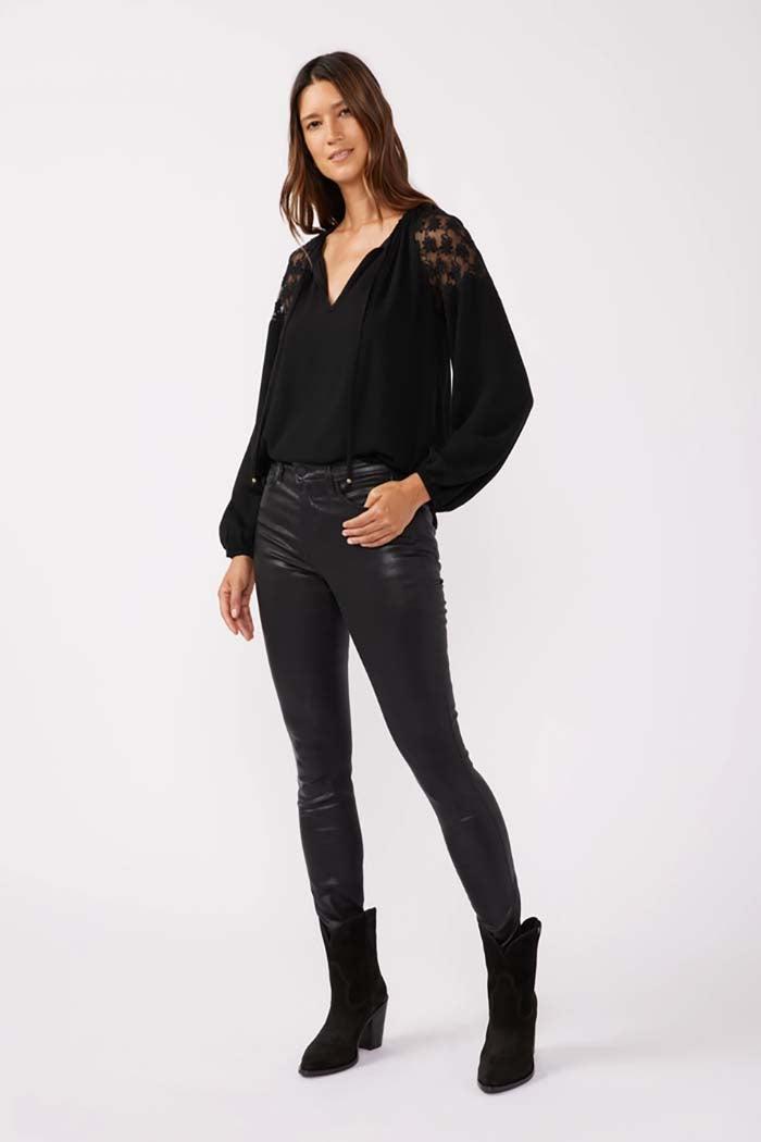 Embroidered Mesh Long Sleeve Tie Neck Blouse Product Image