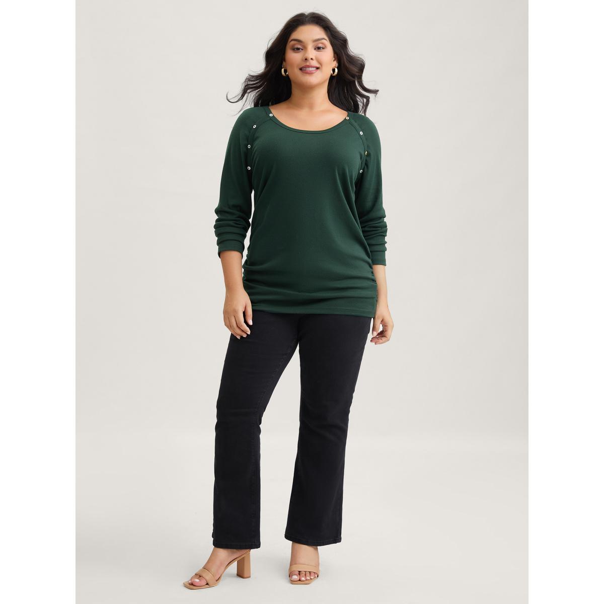 Plus Size Plain Gathered Button Detail T-shirt DarkGreen Women Casual Gathered Plain Round Neck Dailywear T-shirts BloomChic 10/M Product Image