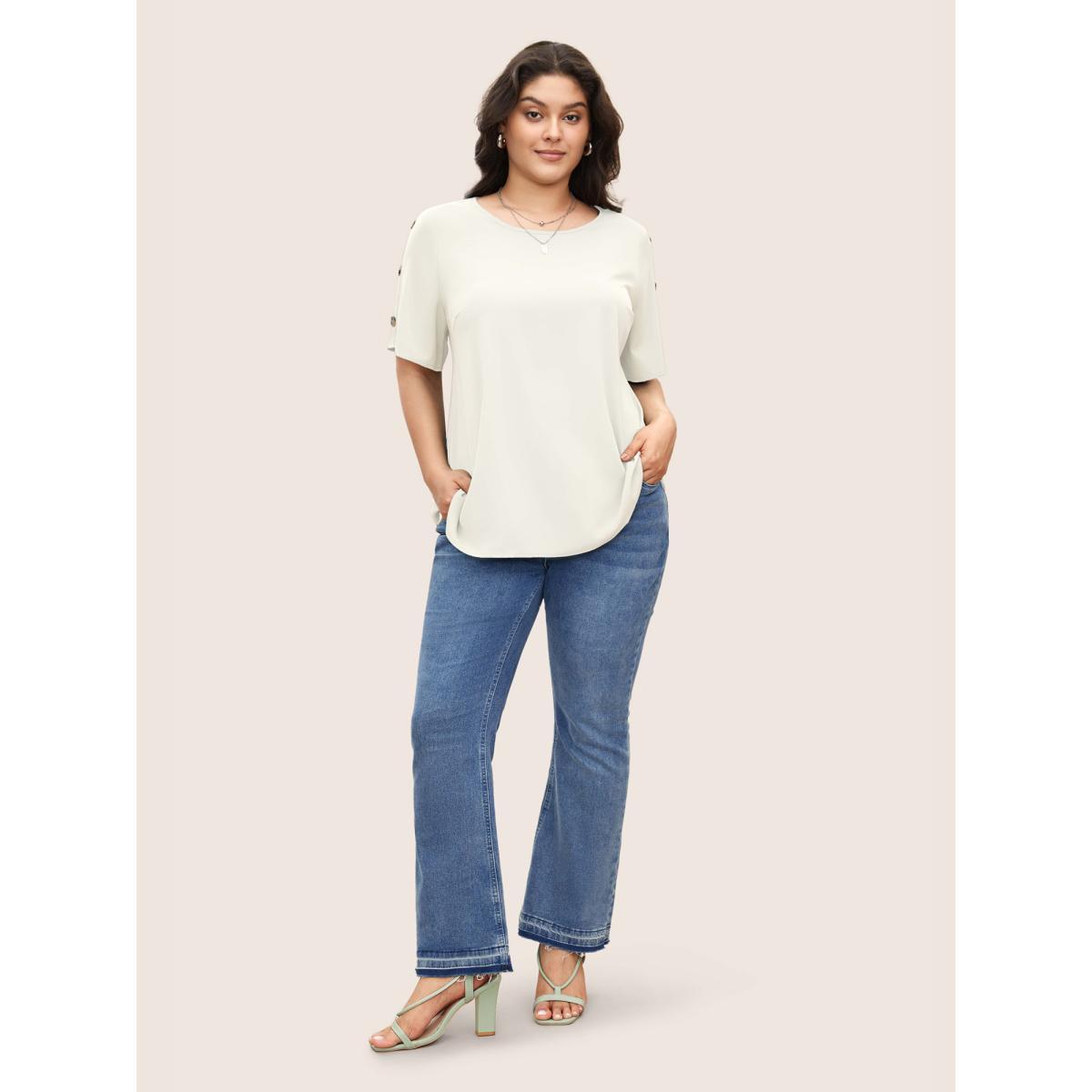 Plus Size White Plain Round Neck Button Detail Blouse Women Casual Short sleeve Round Neck Everyday Blouses BloomChic 12/L Product Image