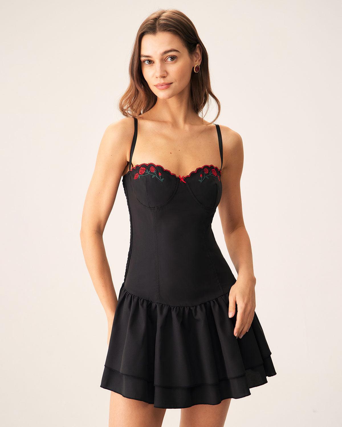 Black Embroidery A-Line Slip Mini Dress Product Image