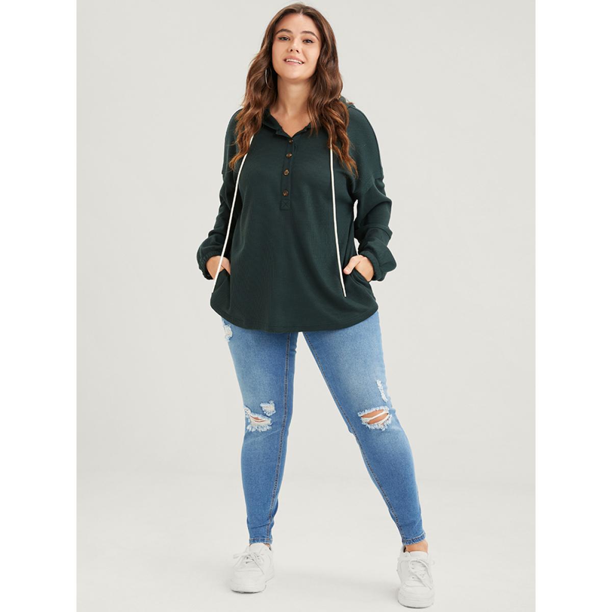 Plus Size Solid Pocket Button Drawstring Waffle Knit Hooded Sweatshirt Women Green Casual Drawstring Loose Hooded Dailywear Sweatshirts BloomChic 28/5X Product Image