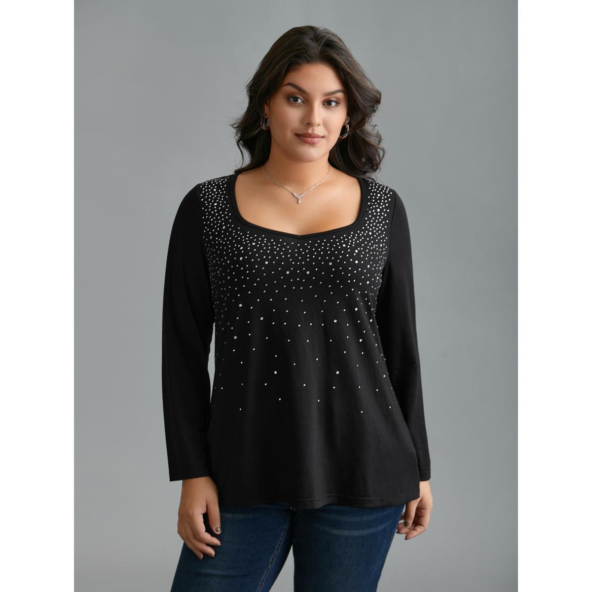 Plus Size Sequin Stretchy Long Sleeve T-shirt Black Women Elegant Rhinestone detailing Heart neckline Everyday T-shirts BloomChic 30/6X Product Image