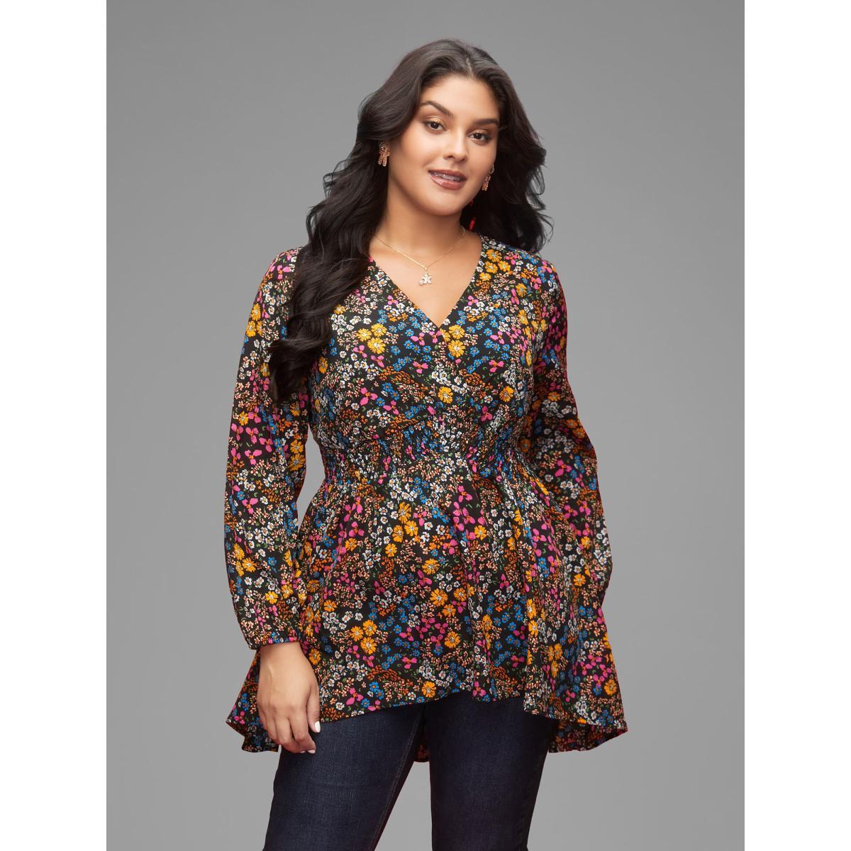 Plus Size Black Floral Smocked Waistline Surplice Neck Blouse Women Elegant Long Sleeve Overlap Collar Everyday Blouses BloomChic 10/M Product Image