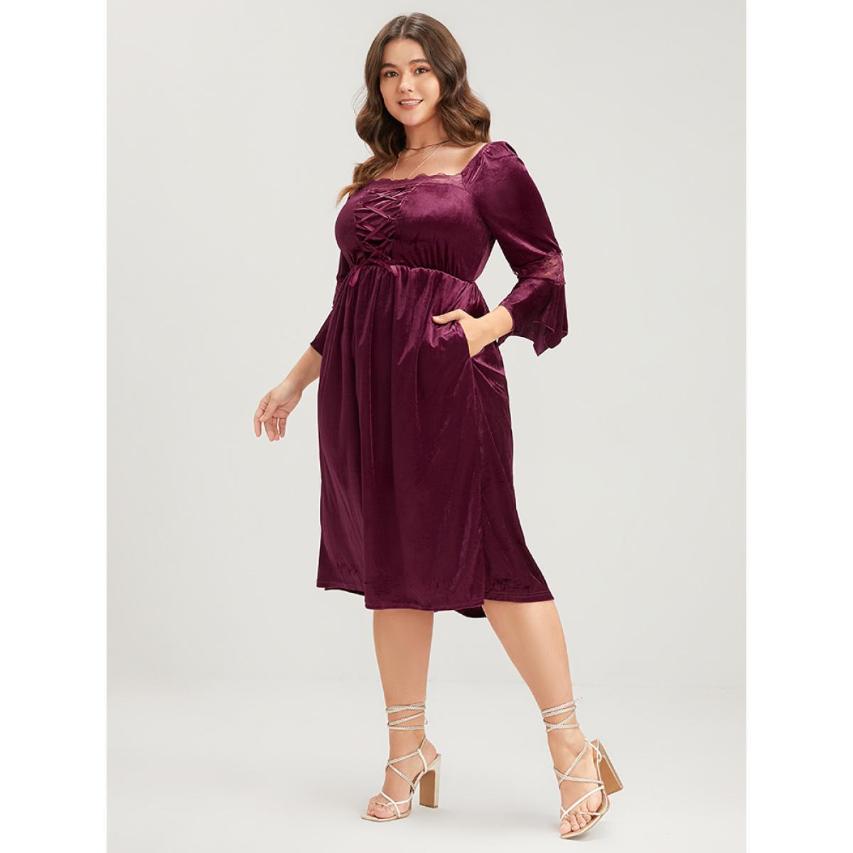 Plus Size Halloween Solid Velvet Bell Sleeve Pocket Contrast Lace Ties Midi Dress Burgundy Women Party Ribbon Square Neck Elbow-length sleeve Curvy Midi Dress BloomChic 10/M Product Image
