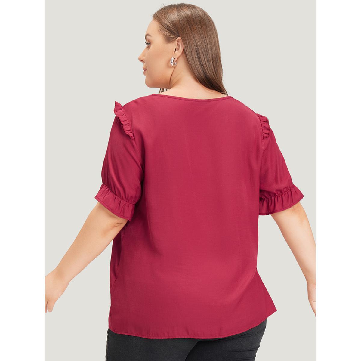 Plus Size RedViolet Plain Gathered Ruffle Trim Puff Sleeve Blouse Women Office Short sleeve Round Neck Work Blouses BloomChic 14-16/1X Product Image