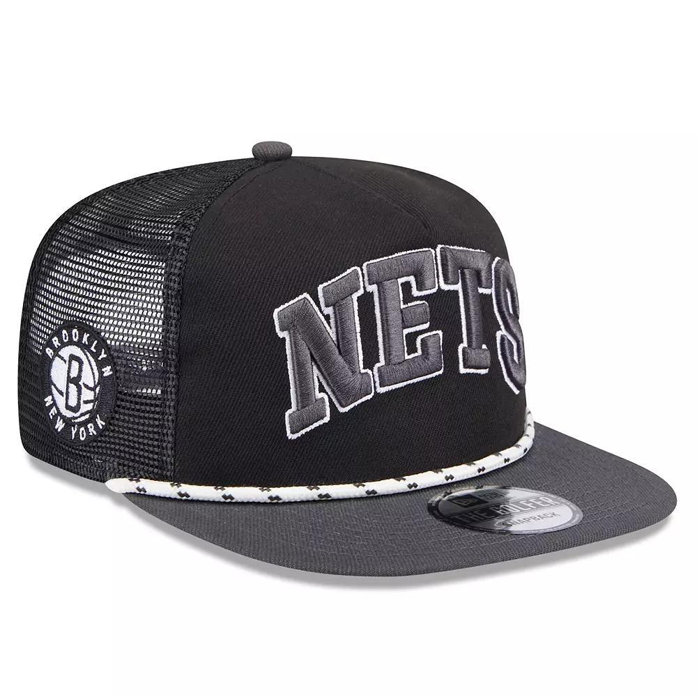 Men's New Era Black/Charcoal Brooklyn Nets Throwback Team Arch Golfer Snapback Hat Product Image