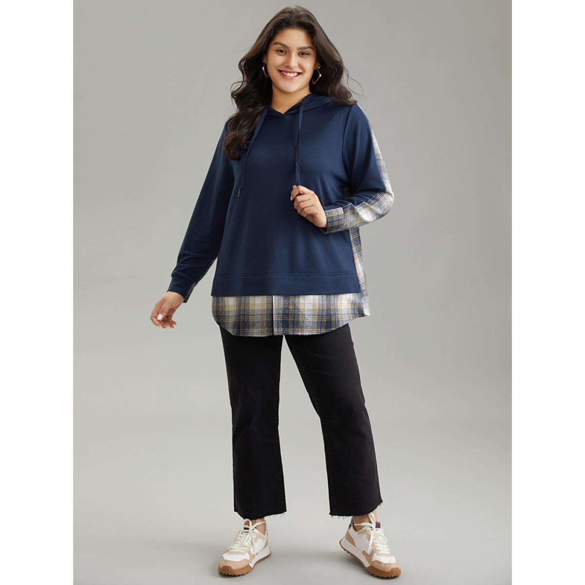 Plus Size Contrast Plaid Hooded Curved Hem Sweatshirt Women Blue Casual Contrast Hooded Dailywear Sweatshirts BloomChic 28/5X Product Image