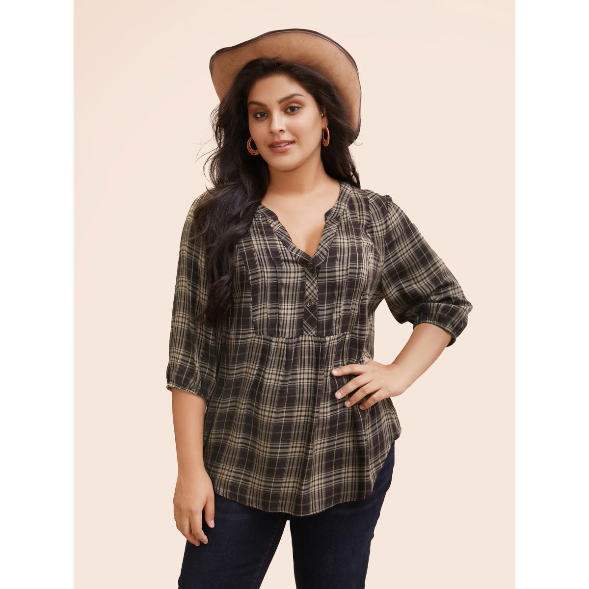 Plus Size DarkBrown Plaid Pleated Button Placket Blouse Women Elegant Elbow-length sleeve Flat collar with V-notch Everyday Blouses BloomChic 10/M Product Image