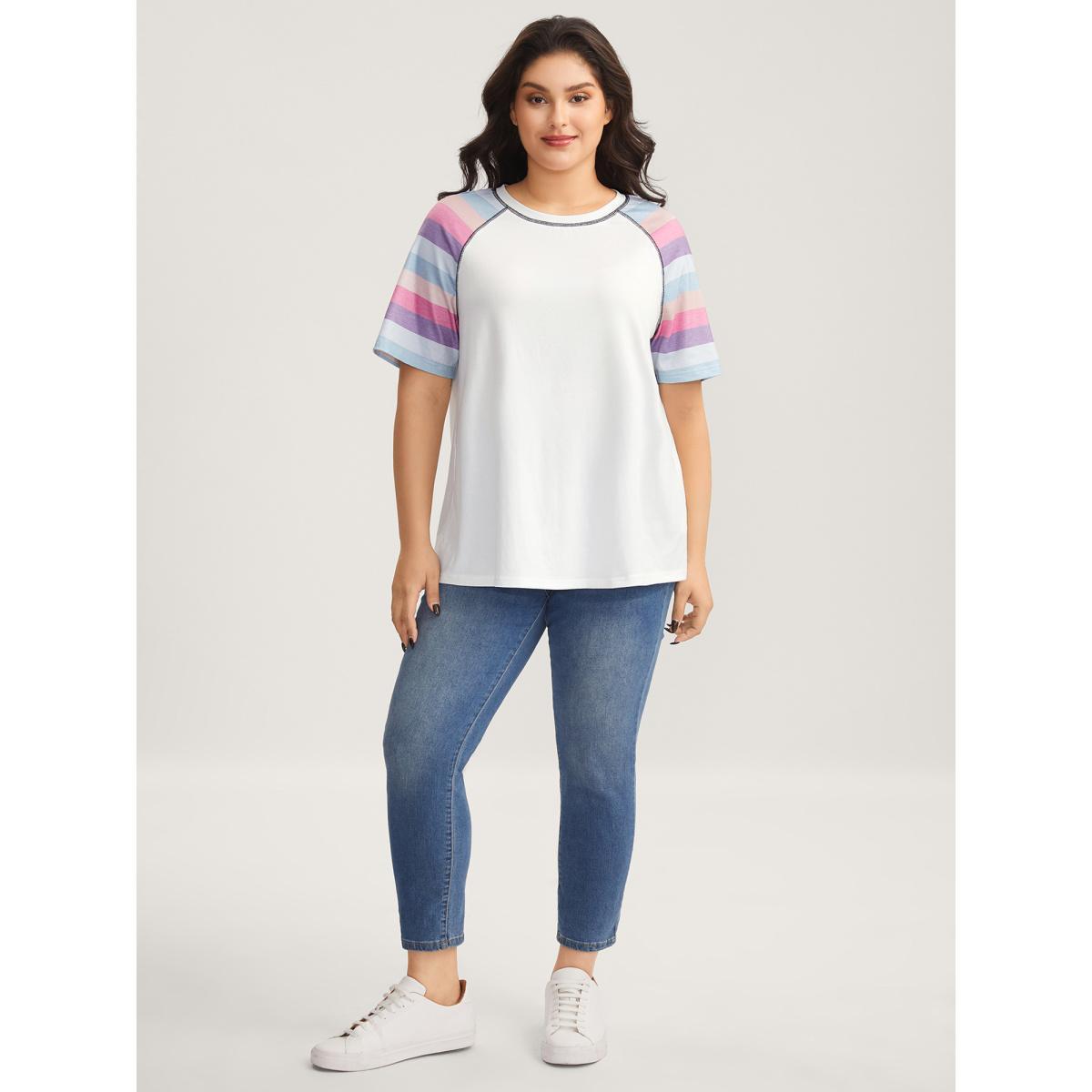 Plus Size Colorful Stripes Raglan Sleeve T-Shirt Originalwhite Women Topstitching Round Neck Everyday-Casual T-shirts BloomChic 22-24/3X Product Image