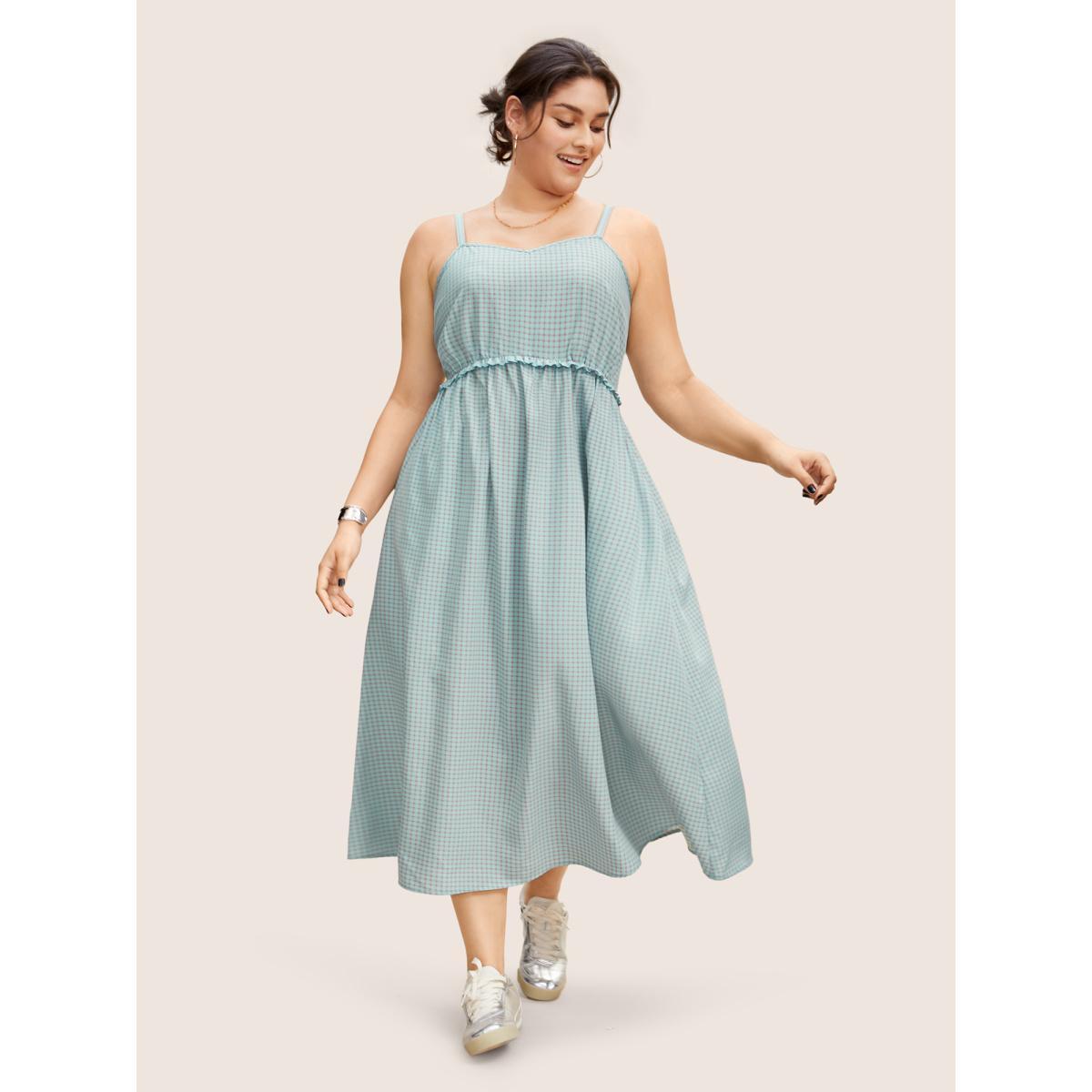 Plus Size Gingham Frill Trim High Rise Cami Dress Mint Women Casual Frill Trim Non Sleeveless Curvy BloomChic 18-20/2X Product Image