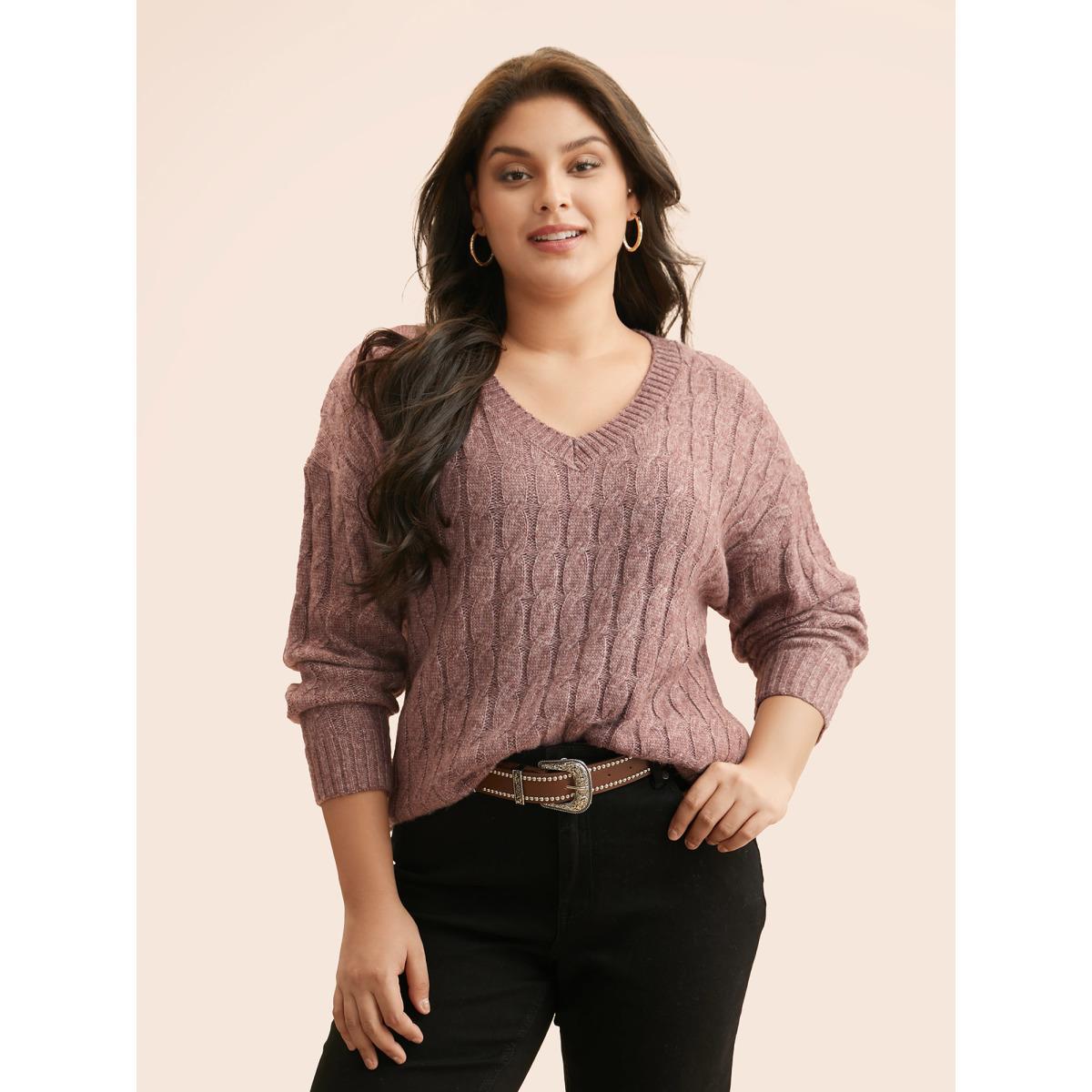 Plus Size Heather Texture Cable Knit Pullover Plum Women Casual Long Sleeve V-neck Everyday Pullovers BloomChic 22-24/3X Product Image