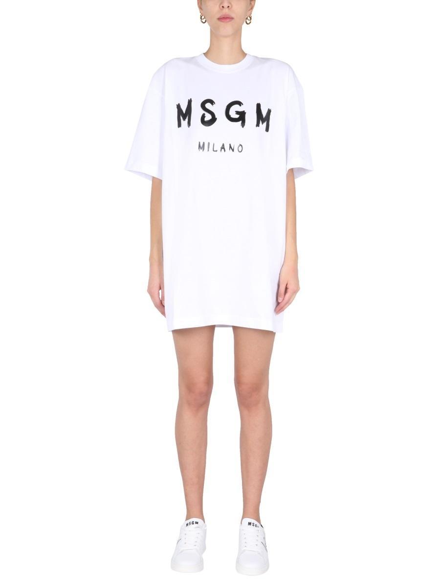 MSGM Logo-print T-shirt Dress In White Product Image