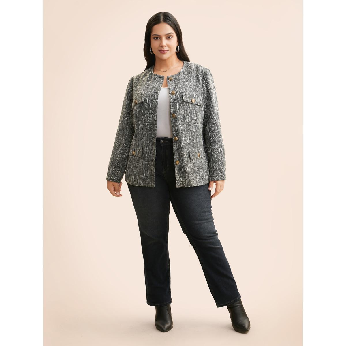 Plus Size Tweed Button Up Flap Pocket Jacket Women Black Button Open pocket with flap Everyday Jackets BloomChic 18-20/2X Product Image