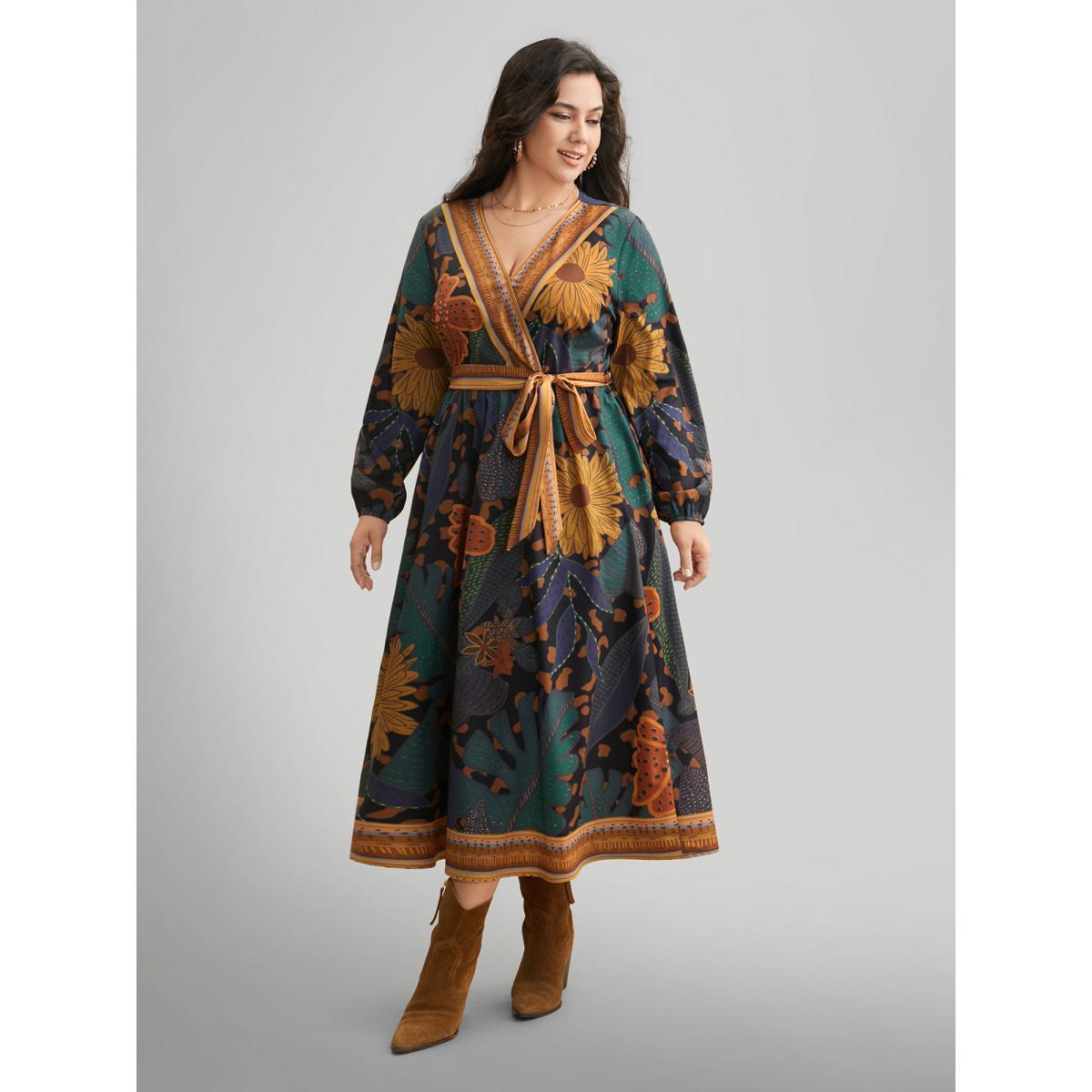 Plus Size Boho Print Belted Lantern Sleeve Dress Black Women Resort Belted Overlap Collar Long Sleeve Curvy BloomChic 22-24/3X Product Image