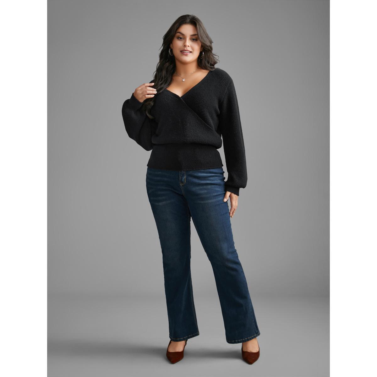 Plus Size Overlap Collar Textured Lantern Sleeve Pullover Black Women Casual Loose Long Sleeve Overlap Collar Everyday Pullovers BloomChic 12/L Product Image