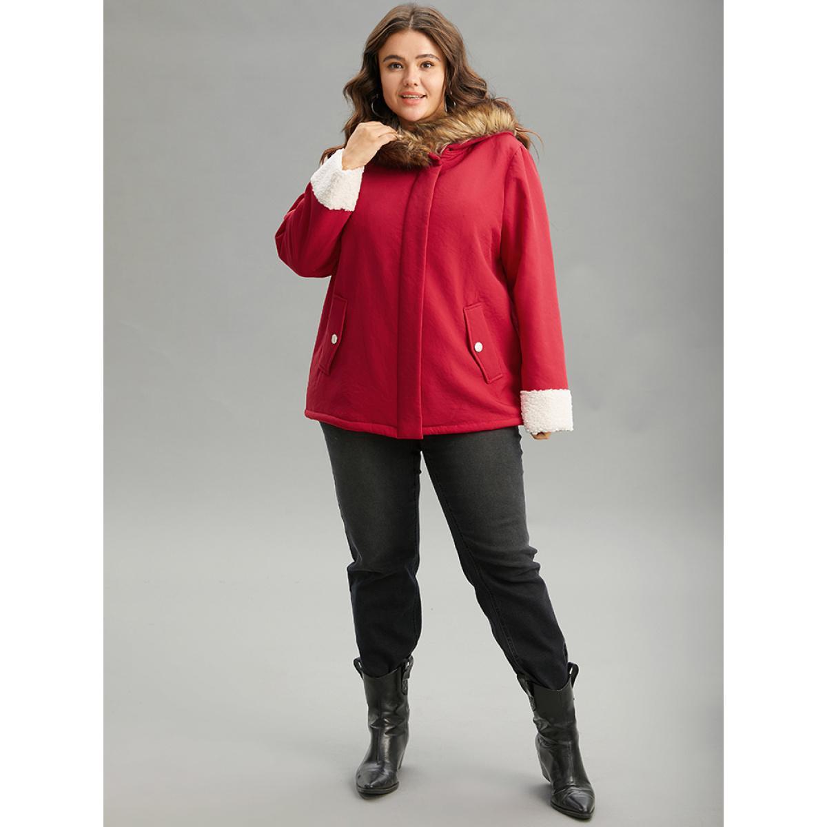 Plus Size Patchwork Fuzzy Trim Pocket Hooded Jacket Women Red Casual Contrast Ladies Party Winter Coats BloomChic 26/4X Product Image