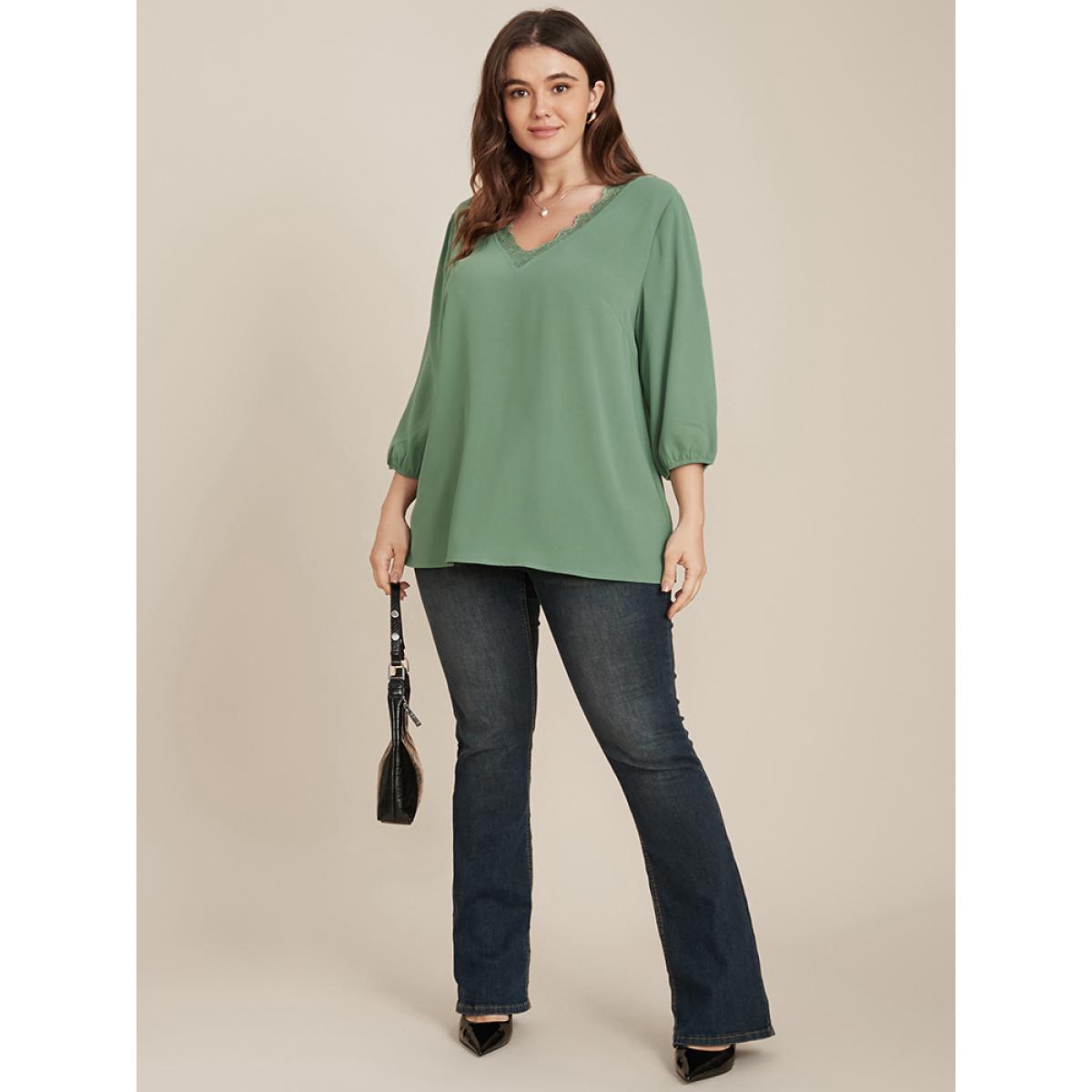 Plus Size Emerald Solid Lantern Sleeve Lace Trim V Neck Blouse Women Elegant Elbow-length sleeve V-neck Dailywear Blouses BloomChic 22-24/3X Product Image