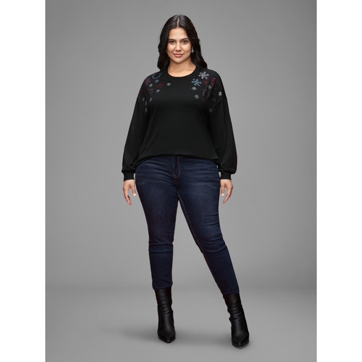 Plus Size Rhinestone Embellished Shoulder Round Neck Tee Black Women Casual Rhinestone detailing Round Neck Everyday T-shirts BloomChic 28/5X Product Image