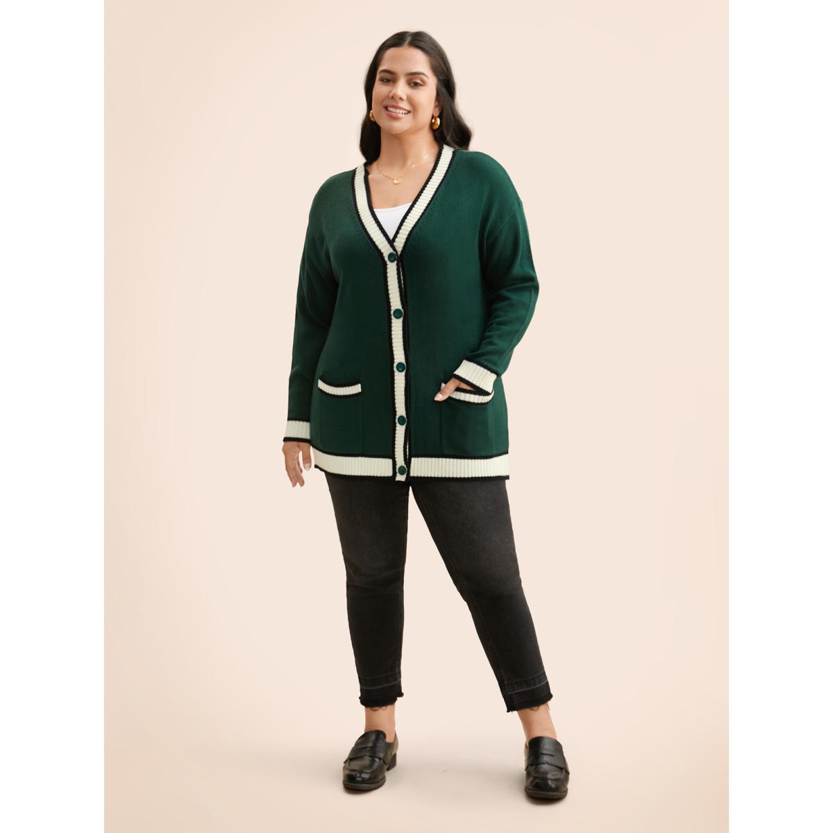 Plus Size Contrast Trim Button Up Pocket Cardigan DarkGreen Women Casual Loose Long Sleeve Everyday Cardigans BloomChic 26/4X Product Image