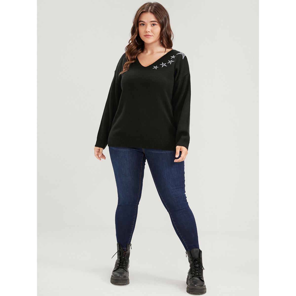 Plus Size Star Embroidered Pointelle Knit V Neck Knit Top Black Women Casual Long Sleeve V-neck Dailywear Pullovers BloomChic 10/M Product Image