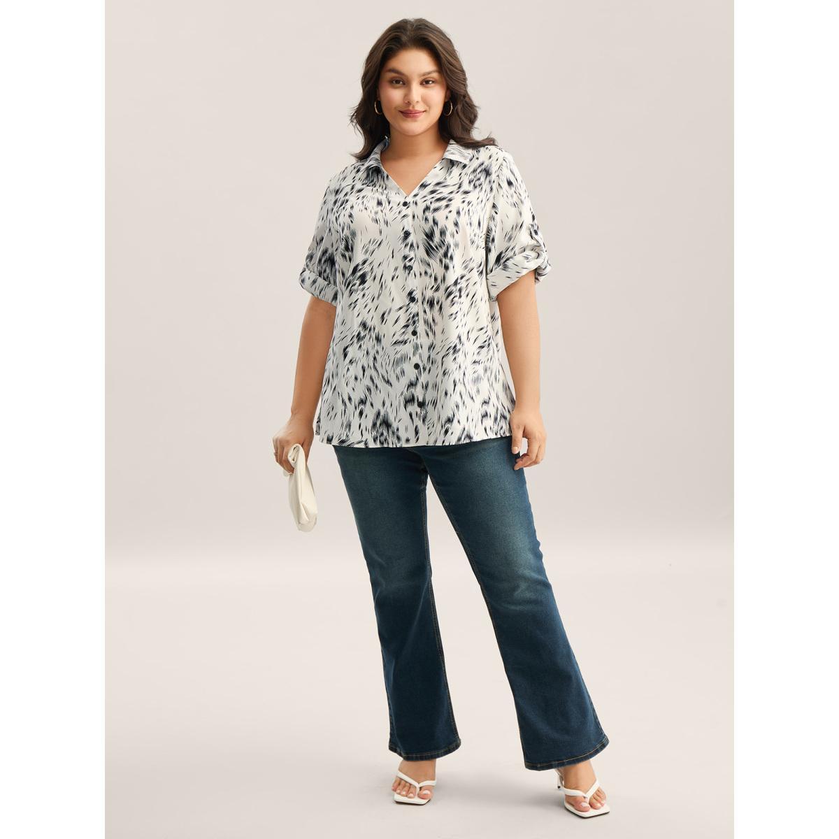 Plus Size Ivory Zebra Print Tab Sleeve Shirt Collar Blouse Women Elbow-length sleeve Shirt collar Work Blouses BloomChic 14-16/1X Product Image