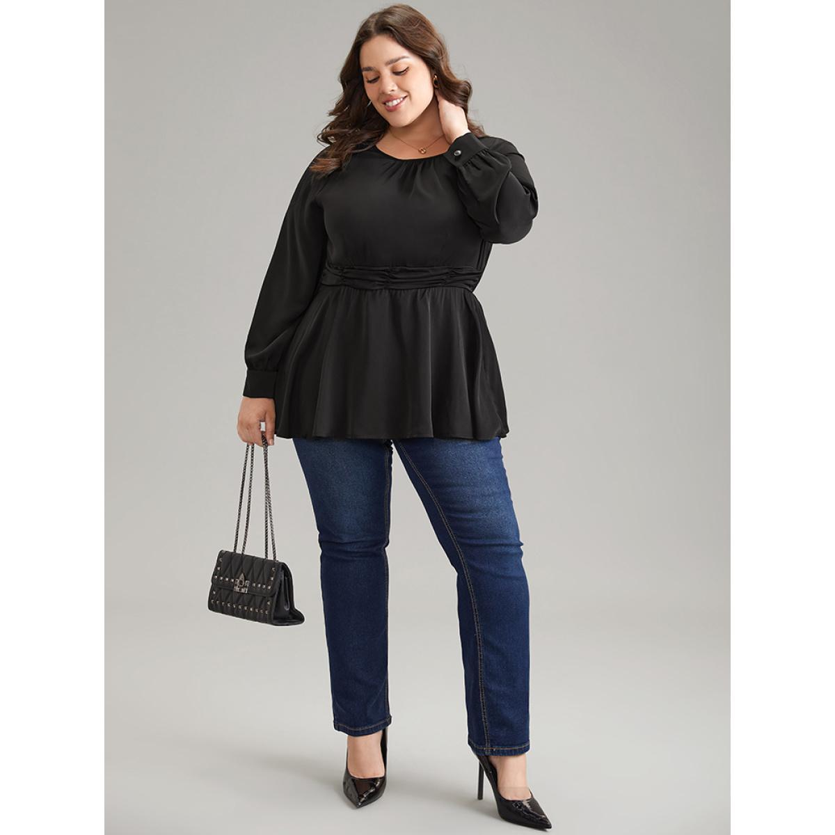 Plus Size Black Anti-Wrinkle Plain Ruched Elastic Waist Blouse Women Office Long Sleeve Round Neck Work Blouses BloomChic 22-24/3X Product Image