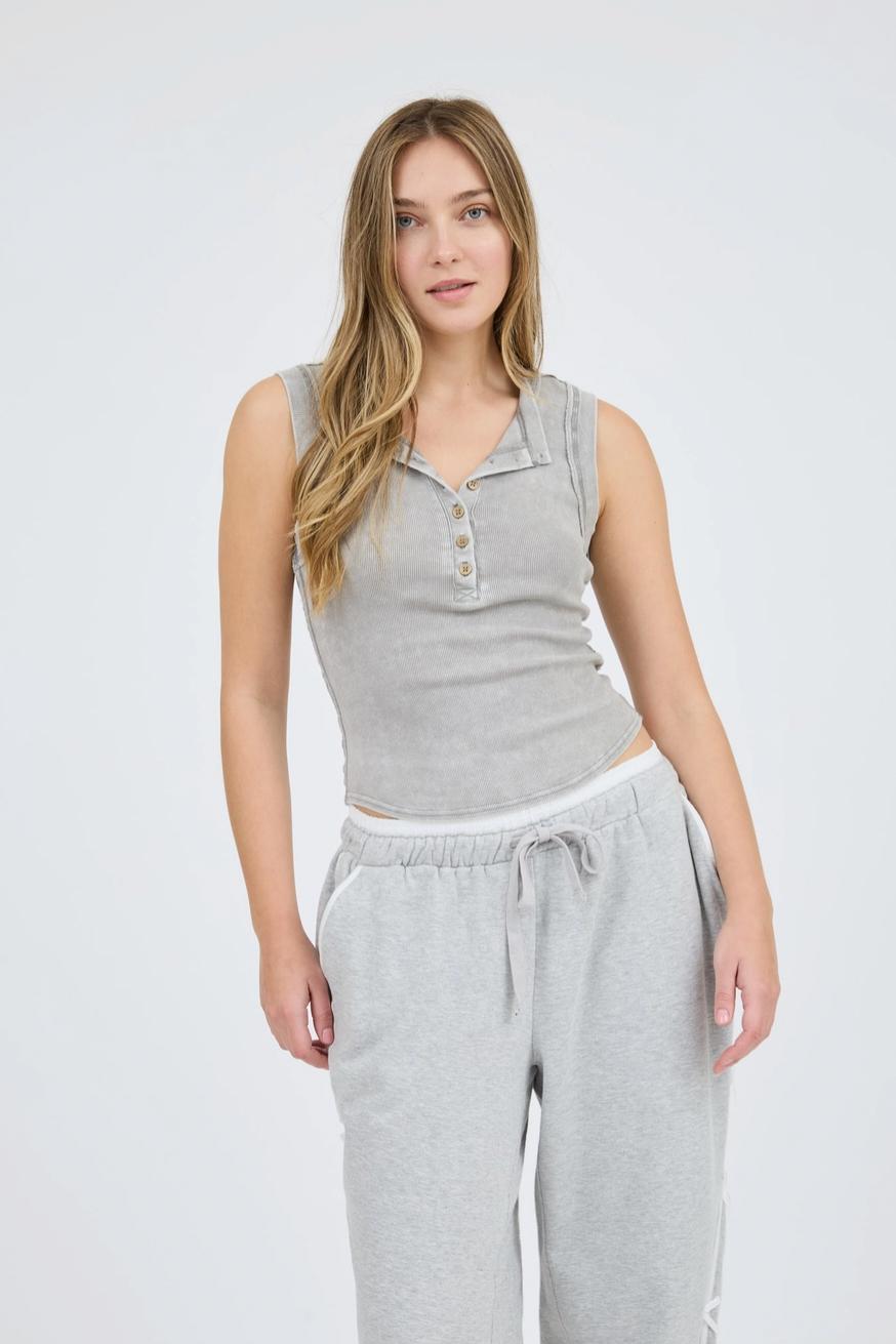 Washed Sleeveless Henley Knit Tank Top Product Image