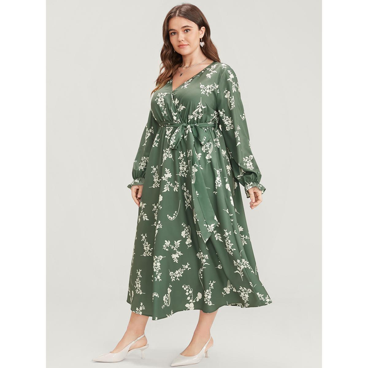 Plus Size Floral Wrap Pocket Lantern Sleeve Belted Ruffle Dress Mint Women Elegant Printed V-neck Long Sleeve Curvy Midi Dress BloomChic 30/6X Product Image