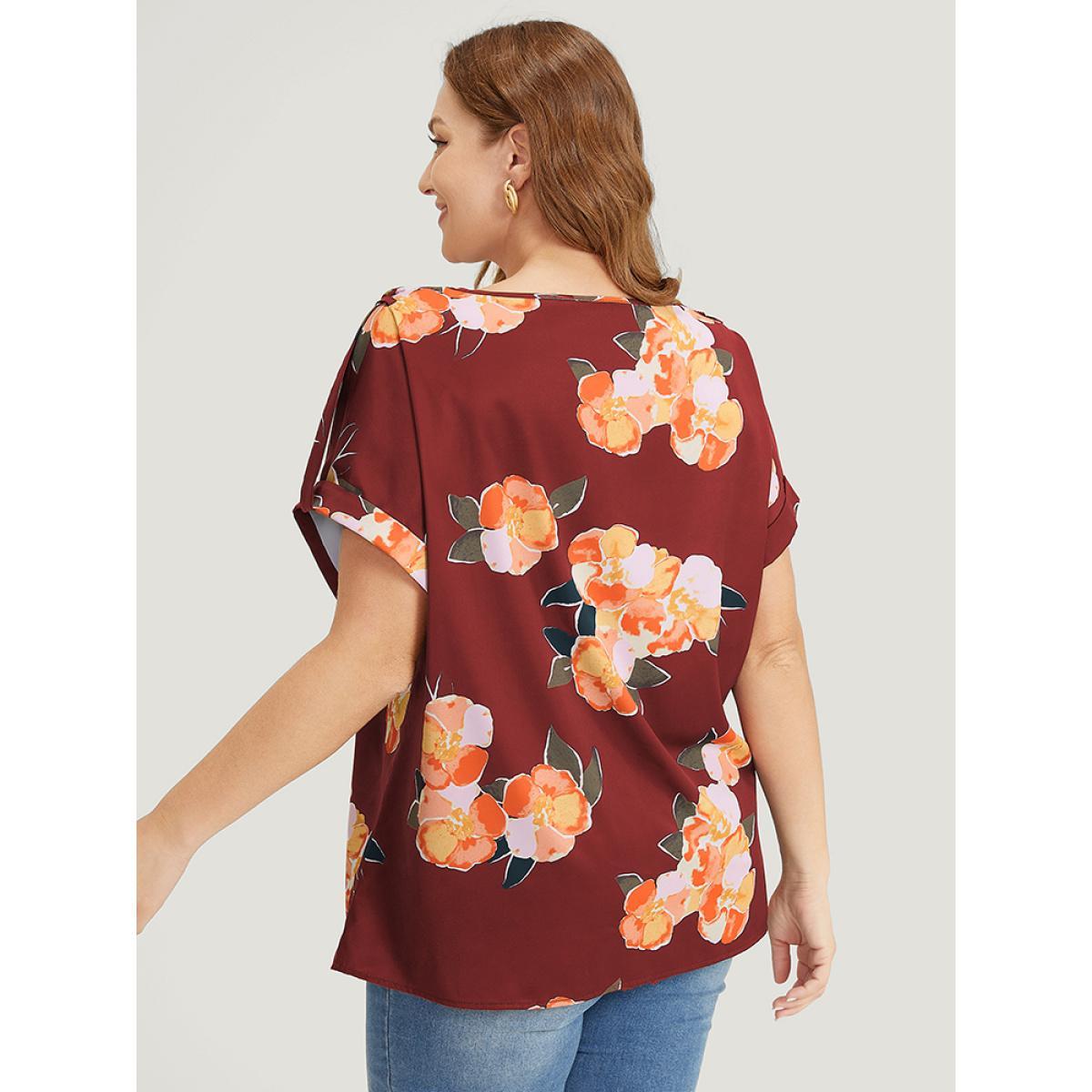 Plus Size Burgundy Floral Printed Roll Tab Sleeve Blouse Women Elegant Short sleeve Round Neck Dailywear Blouses BloomChic 28/5X Product Image