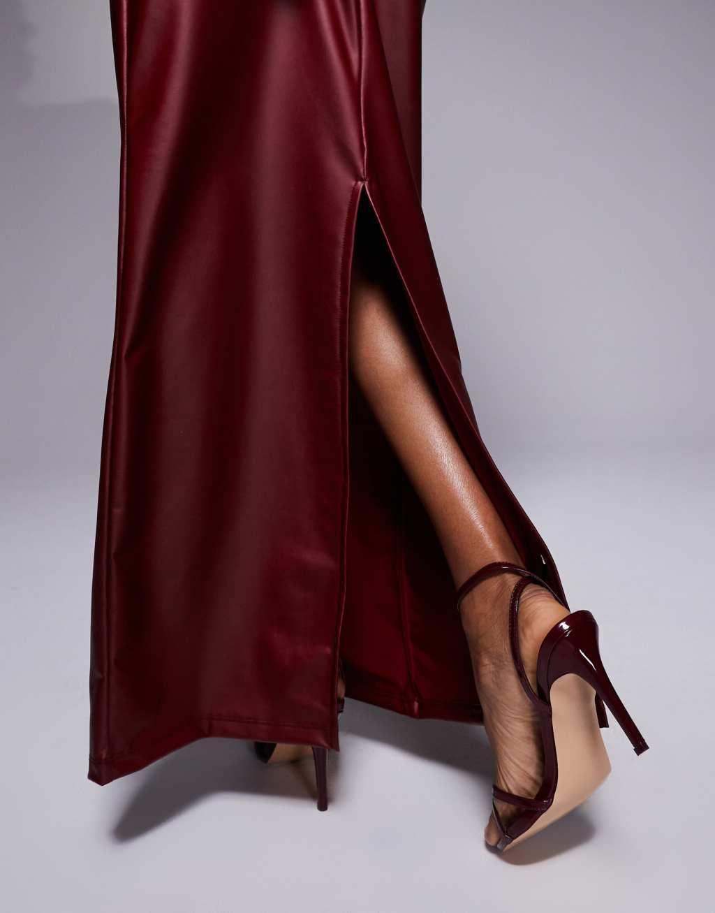 ASOS DESIGN wetlook midi skirt in burgundy Product Image