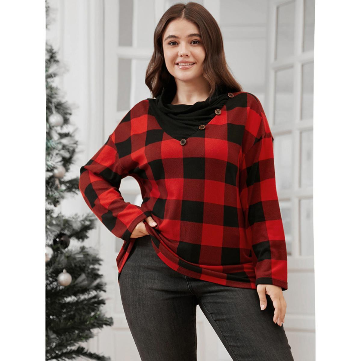 Plus Size Plaid Patchwork Button Detail Cowl Neck 2-In-1 Sweatshirt Women Red Casual Patchwork Cowl Neck Festival-Christmas Sweatshirts BloomChic 26/4X Product Image
