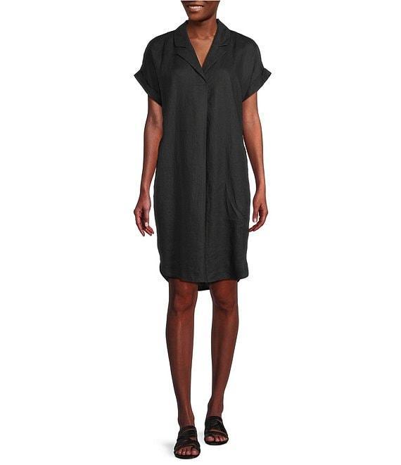 Eileen Fisher Petite Size Organic Linen Notch Collar V-Neck Cap Sleeve Shirt Dress Product Image