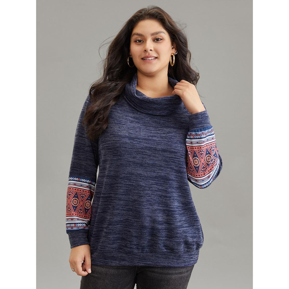 Plus Size Heather Boho Print Raglan Sleeve Turtleneck Sweatshirt Women Blue Casual Heather Turtleneck Dailywear Sweatshirts BloomChic 22-24/3X Product Image