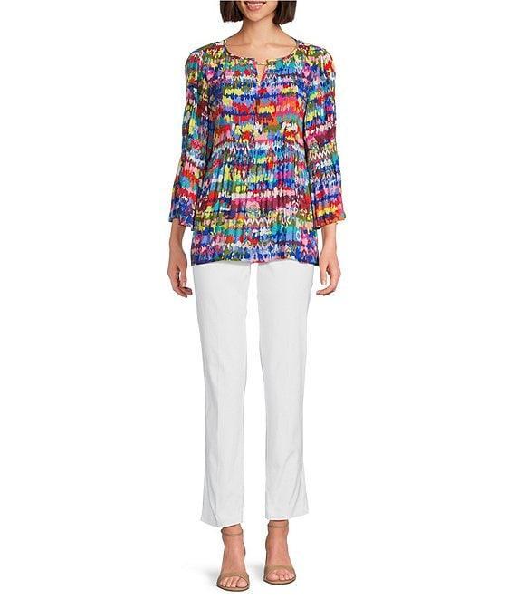 Ali Miles Woven Crinkle Chevron Ikat Print Split V-Neck 3/4 Flounce Sleeve Tunic Product Image