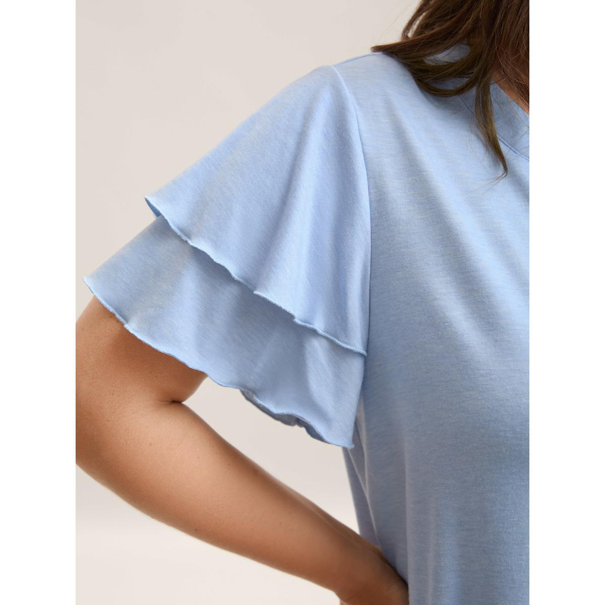 Plus Size Layered Lotus Leaf Sleeve Plain T-Shirt LightBlue Women Button Notched collar Everyday-Casual T-shirts BloomChic 18-20/2X Product Image
