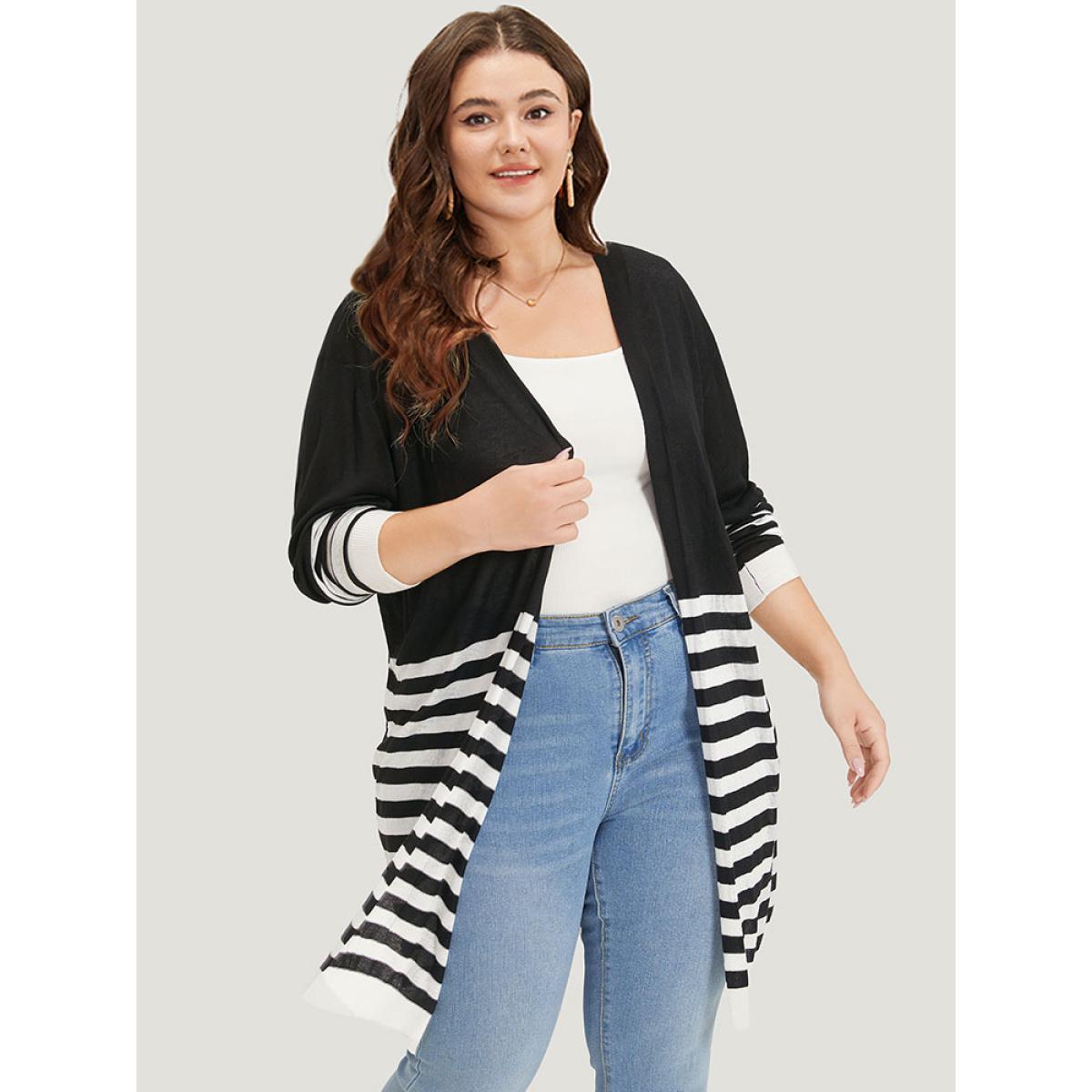 Plus Size Supersoft Essentials Striped Open Front Cardigan Black Women Casual Loose Long Sleeve Dailywear Cardigans BloomChic 22-24/3X Product Image