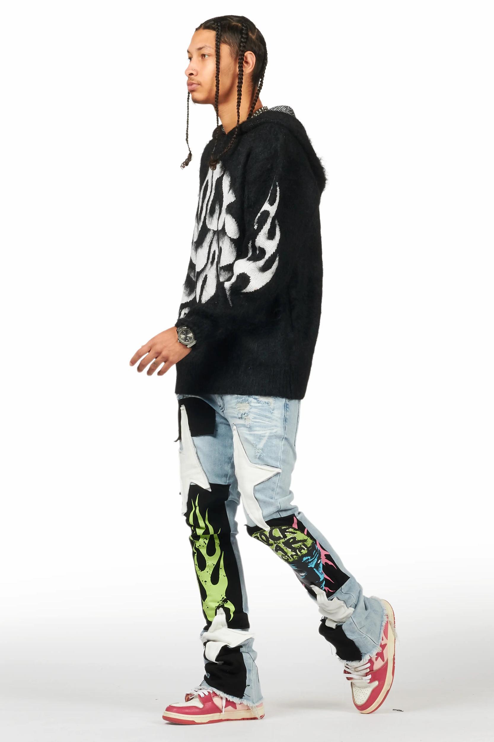 Edgar Blue Patchwork Stacked Flare Jean Male Product Image