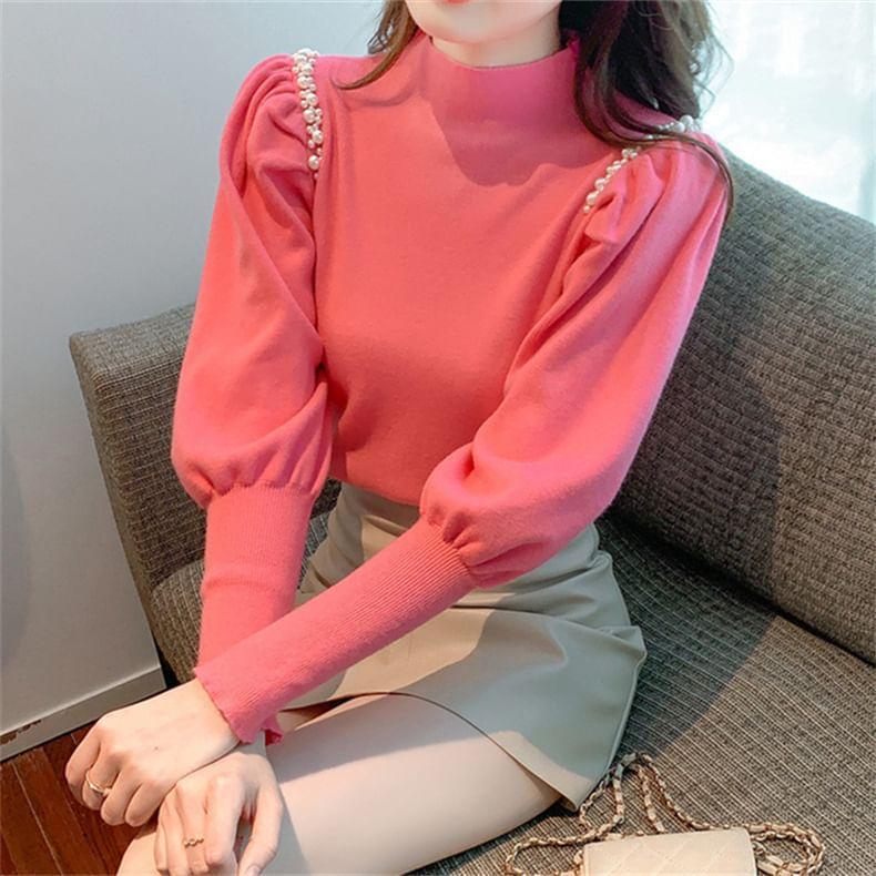 Long-Sleeve Mock Neck Faux Pearl Knit Top Product Image