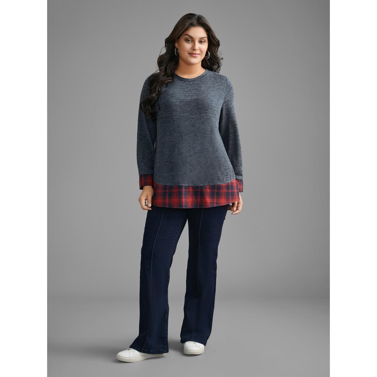 Plus Size Round Neck Plaid Patchwork Heather T-shirt Indigo Women Casual Contrast Round Neck Loose Everyday T-shirts BloomChic 28/5X Product Image