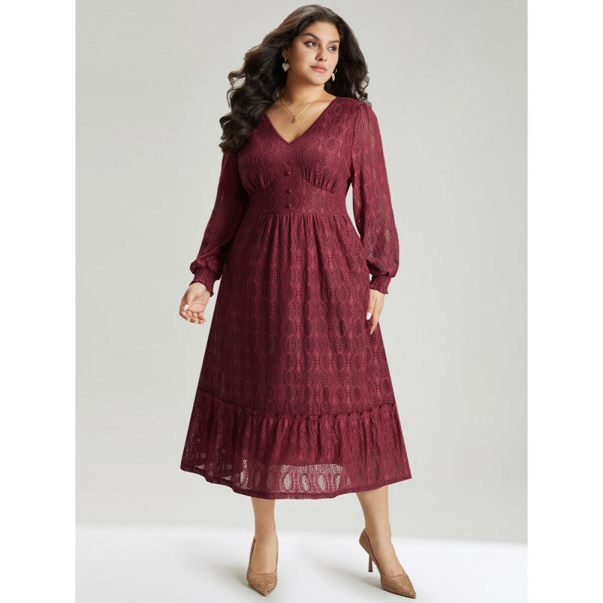 Plus Size Contrast Lace Button Detail Shirred Ruffle Hem Dress Scarlet Women Glamour Texture V-neck Long Sleeve Curvy Midi Dress BloomChic 22-24/3X Product Image