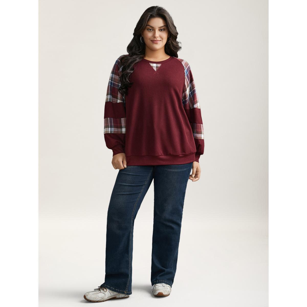 Plus Size Plaid Patchwork Raglan Sleeve Sweatshirt Women Burgundy Casual Texture Round Neck Everyday Sweatshirts BloomChic 18-20/2X Product Image
