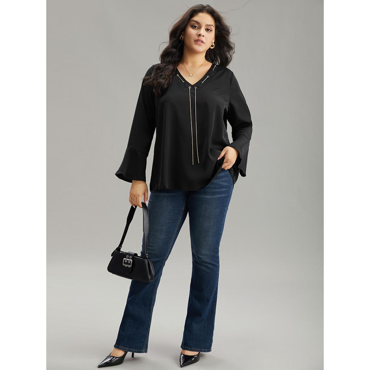Plus Size Black Contrast Chain Bell Sleeve Eyelet Blouse Women Office Long Sleeve V-neck Work Blouses BloomChic 10/M Product Image